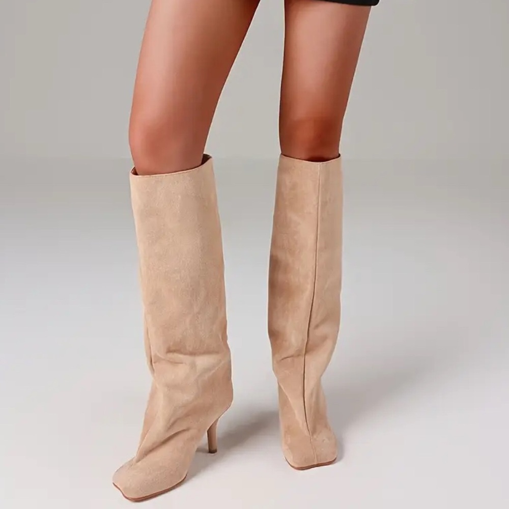 Square Toe Wide Calf Beige Knee-High Kitten Heel Vegan Women's Boots Size 6.5